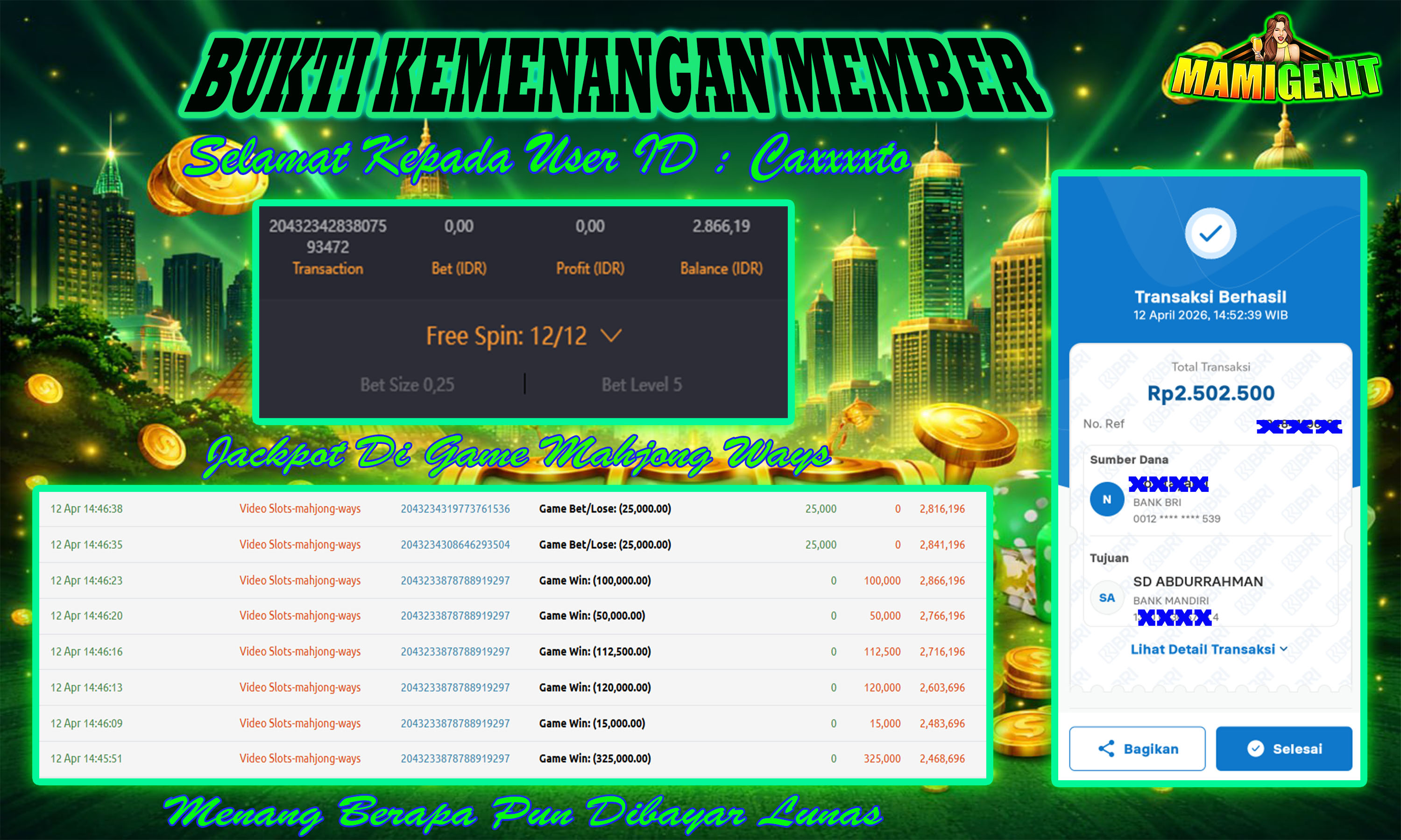 MAMIGENIT - JACKPOT DI SEBESAR RP.2,500,000,- DI GAME MAHJONG WAYS